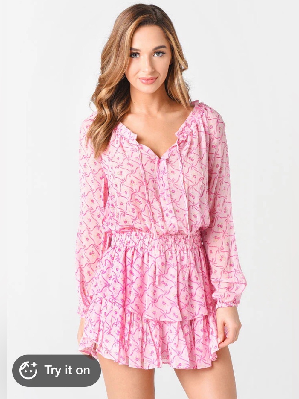 Love shack fancy Pink Printed Long-Sleeve Tiered Mini Dress